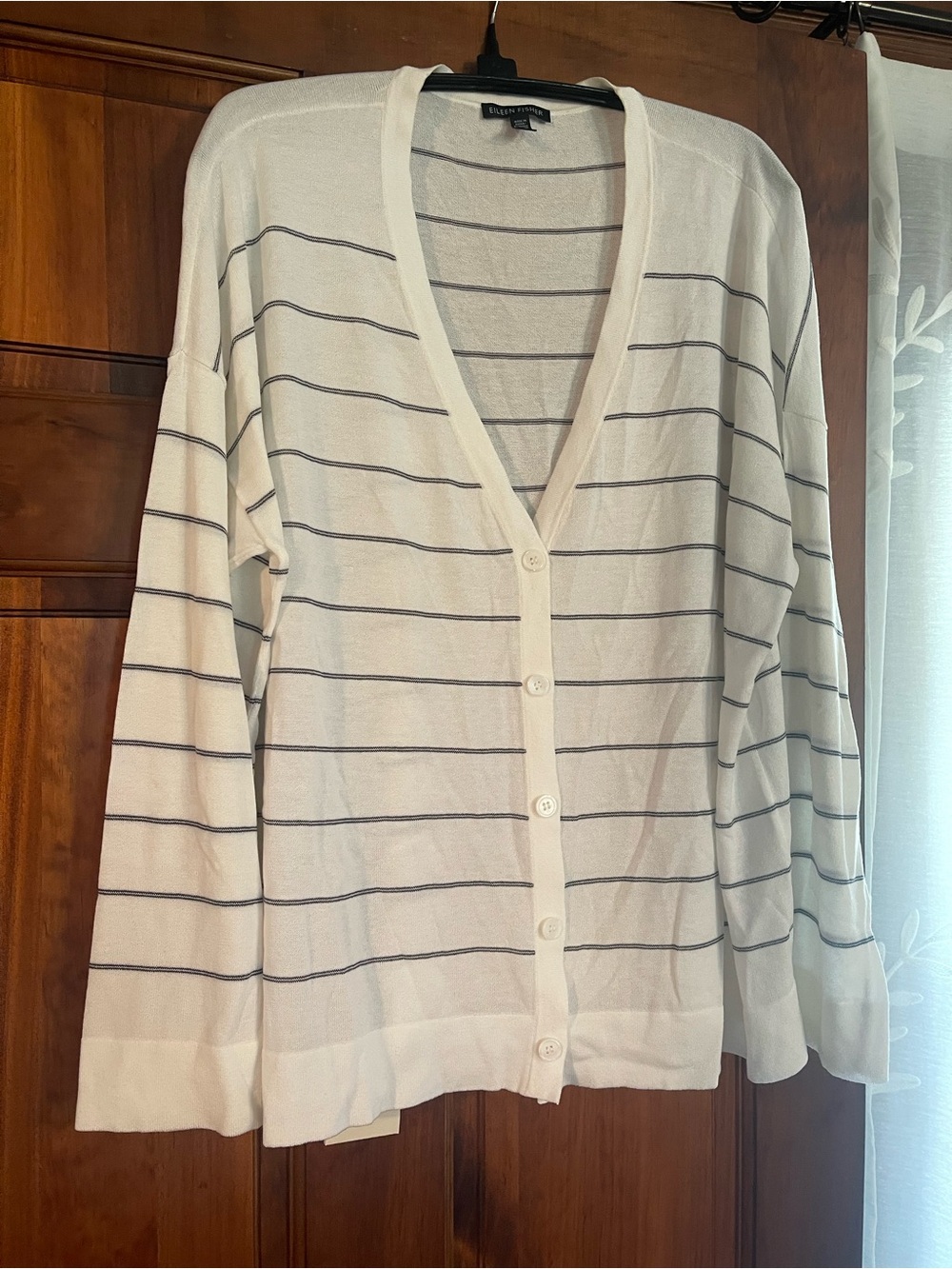 Eileen Fisher Cream Cardigan with Thin Navy Stripes